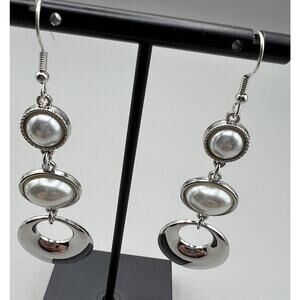 Jewelry Earrings Dangle 3" 1 Plain Loop 2 Acrylic Pearl Type Silver Tone